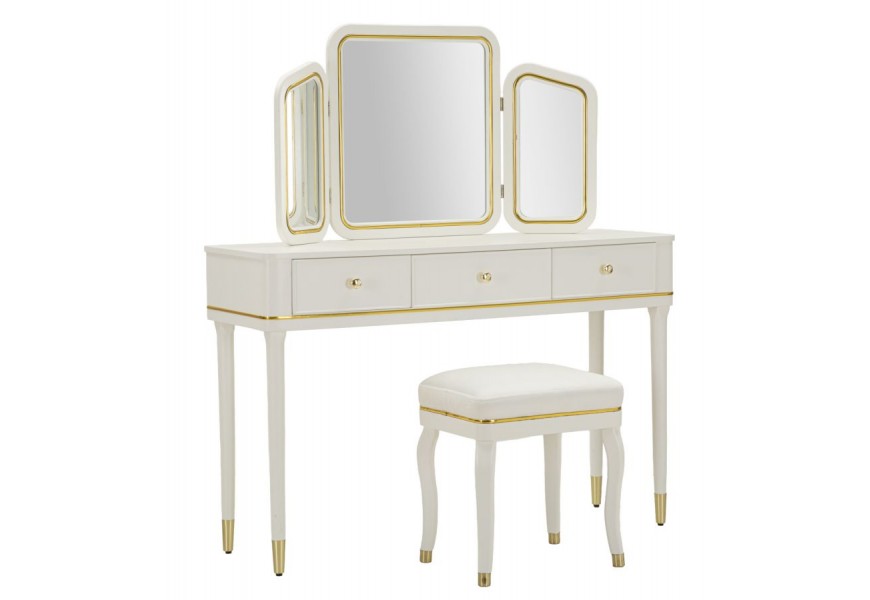 Klasick&yacute; obdĺžnikov&yacute; toaletn&yacute; stol&iacute;k Isabelle s taburetkou v bielej farbe s kovov&yacute;mi detailmi a tromi zrkadlami 135 cm 