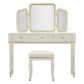 Klasick&yacute; obdĺžnikov&yacute; toaletn&yacute; stol&iacute;k Isabelle s taburetkou v bielej farbe s kovov&yacute;mi detailmi a tromi zrkadlami 135 cm 