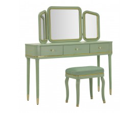 Klasický zelený drevený toaletný stolík Isabelle s taburetkou so zlatými detailmi a dvomi zásuvkami s tromi zrkadlami 135 cm