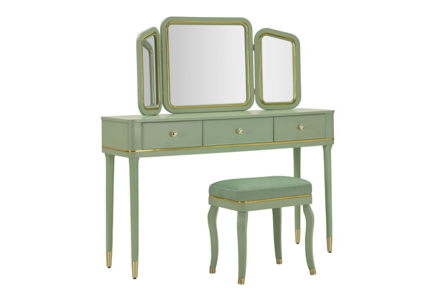 Glamour drevený toaletný stolík Isabelle v obdĺžnikovom tvare s čalúnenou taburetkou s kabriolovými nožičkami a zlatými detailmi s tromi zrkadlami a dvomi zásuvkami