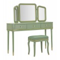 Glamour drevený toaletný stolík Isabelle v obdĺžnikovom tvare s čalúnenou taburetkou s kabriolovými nožičkami a zlatými detailmi s tromi zrkadlami a dvomi zásuvkami