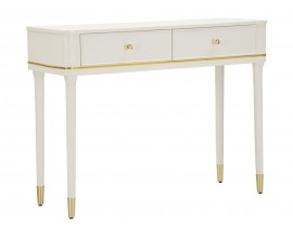 Glamour konzolov&yacute; stol&iacute;k Isabelle v obdĺžnikovom tvare v bielej farbe z dreva s dvomi z&aacute;suvkami a kovov&yacute;mi detailmi v zlatej farbe s okr&uacute;hlymi &uacute;chytkami