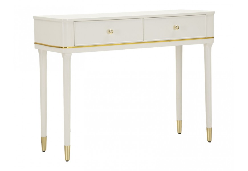 Glamour konzolový stolík Isabelle v obdĺžnikovom tvare v bielej farbe z dreva s dvomi zásuvkami a kovovými detailmi v zlatej farbe s okrúhlymi úchytkami