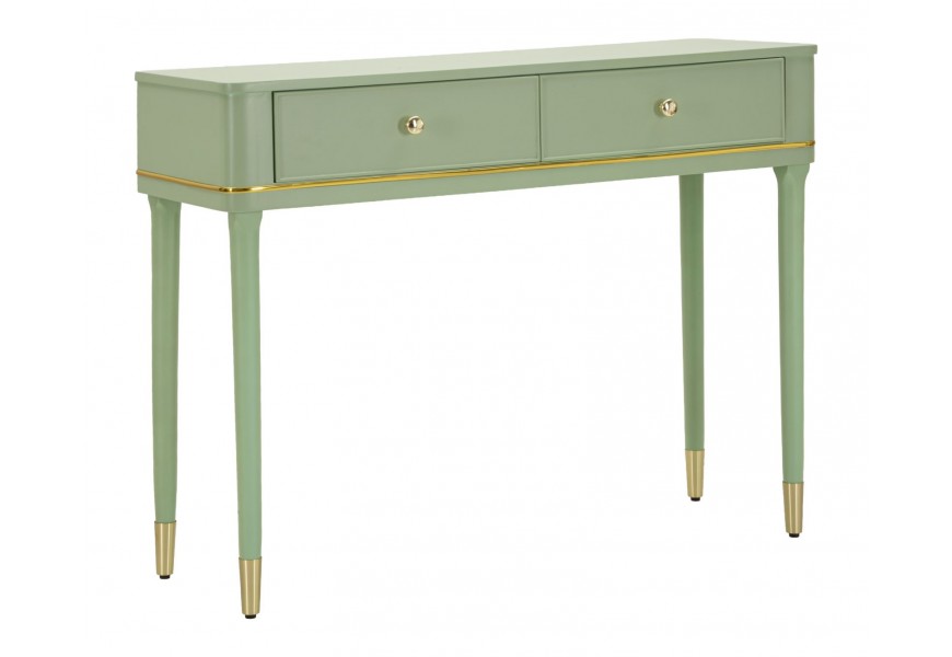 Glamour konzolový stolík Isabelle z dreva v zelenej farbe v obdĺžnikovom tvare s dvomi zásuvkami a úchytkami z kovu v zlatej farbe so zlatými detailmi