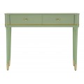 Klasick&yacute; obdĺžnikov&yacute; zelen&yacute; dreven&yacute; konzolov&yacute; stol&iacute;k Isabelle s dvomi z&aacute;suvkami a zlat&yacute;mi kovov&yacute;mi detailmi 110 cm