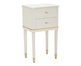 Klasický biely drevený nočný stolík Isabelle s dvomi zásuvkami so zlatými kovovými detailmi 60 cm