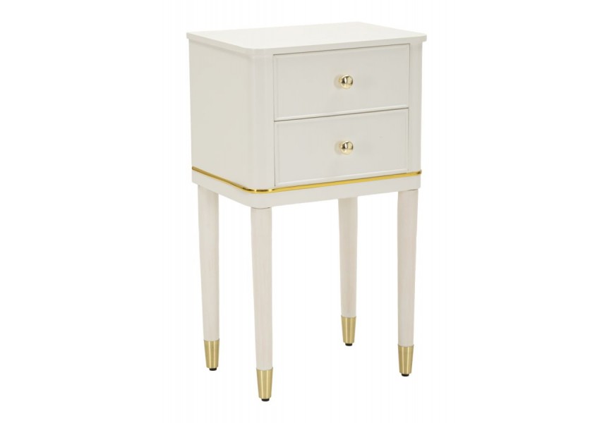 Glamour obdĺžnikový drevený nočný stolík Isabelle s dvomi zásuvkami s detailmi v zlatej farbe z kovu