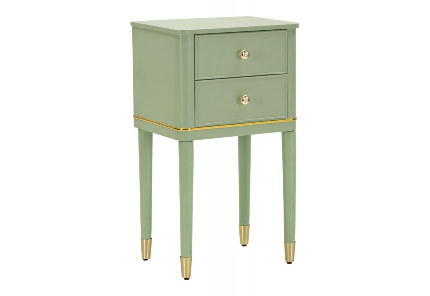 Glamour zelený nočný stolík Isabelle so zaoblenými rohmi z dreva so zlatými detailmi z kovu s dvomi zásuvkami