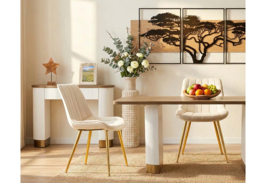 Dizajnová glamour zostava jedálenského nábytku Glamia Blanc s obdĺžnikovým stolom a konzolovým stolíkom a príborníkom v bielej farbe s hnedým akcentom a drážkovaným reliéfom s bielymi koženými nožičkami so zlatou podstavou