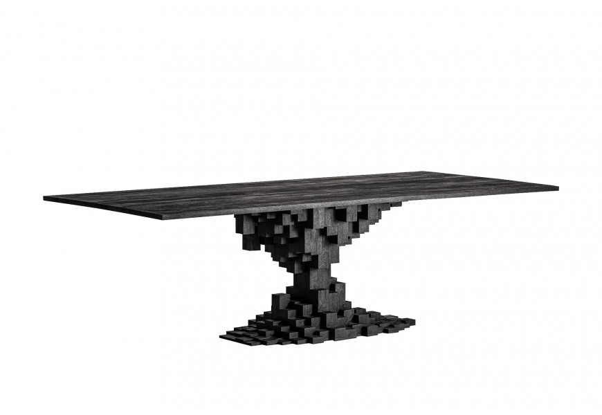 Luxusný moderný obdĺžnikový jedálenský stôl Cubia Nera z masívneho mangového dreva v čiernej farbe s kockovanou nohou