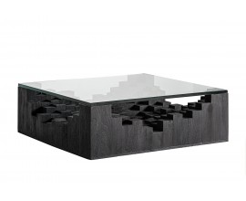 Luxusn&yacute; art deco mas&iacute;vny &scaron;tvorcov&yacute; konferenčn&yacute; stol&iacute;k Cubia Nera z mangov&eacute;ho čierneho dreva so sklenenou doskou 98 cm