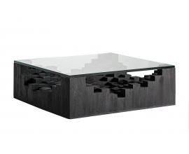 Luxusn&yacute; art deco &scaron;tvorcov&yacute; konferenčn&yacute; stol&iacute;k Cubia Nera z mas&iacute;vneho mangov&eacute;ho čierneho dreva so sklenenou doskou 118 cm 