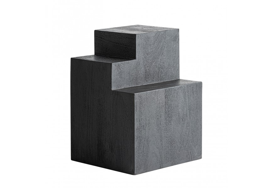 Luxusný geometrický art deco príručný stolík Cubia Nera z masívneho mangového dreva v čiernej farbe s tromi poschodiami