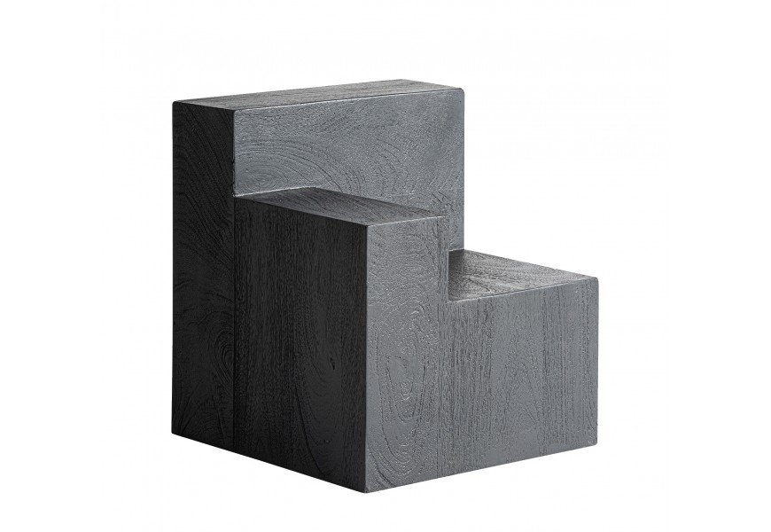 Luxusný moderný geometrický príručný stolík Cubia Nera z masívneho mangového dreva v čiernej farbe s tromi poschodiami