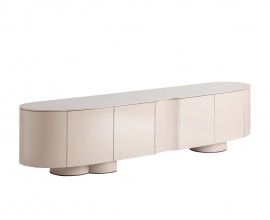 Luxusn&yacute; glamour &scaron;tvordverov&yacute; telev&iacute;zny stol&iacute;k Munios  z dreva s leskl&yacute;m povrchom v b&eacute;žovej farbe v ov&aacute;lnom obdĺžnikovom tvare s okr&uacute;hlymi nožičkami