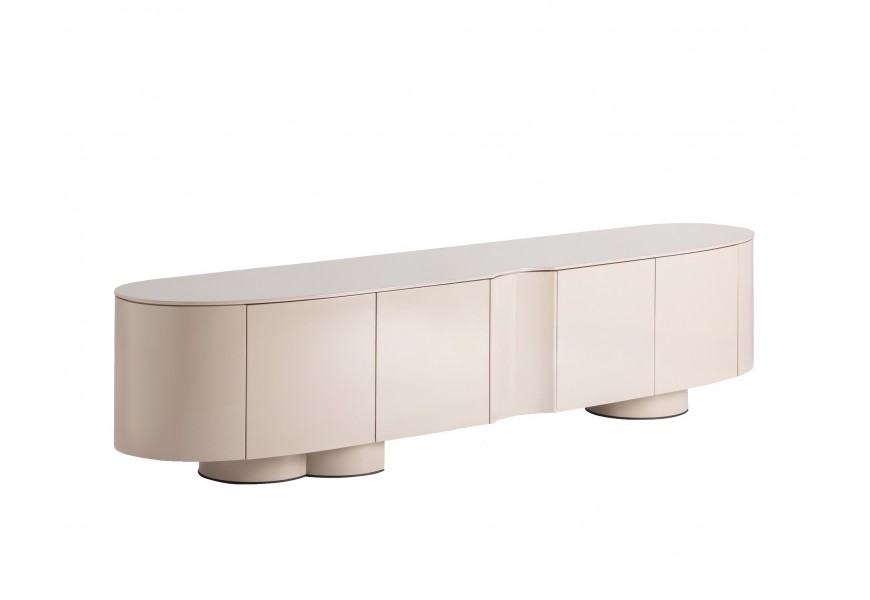 Luxusný glamour štvordverový televízny stolík Munios  z dreva s lesklým povrchom v béžovej farbe v oválnom obdĺžnikovom tvare s okrúhlymi nožičkami