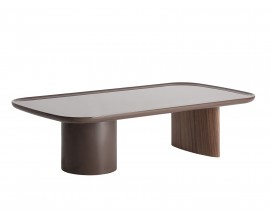 Luxusný art deco obdĺžnikový hnedý konferenčný stolík Kirian s lesklým povrchom a okrúhlou a oválnou nohou 133 cm