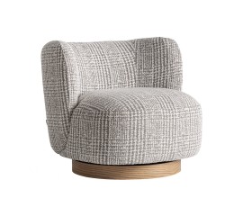 Luxusn&eacute; art deco okr&uacute;hle otočn&eacute; kreslo Elvara so vzorovan&yacute;m sivo bielym poťahom a okr&uacute;hlou drevenou hnedou podstavou 85 cm