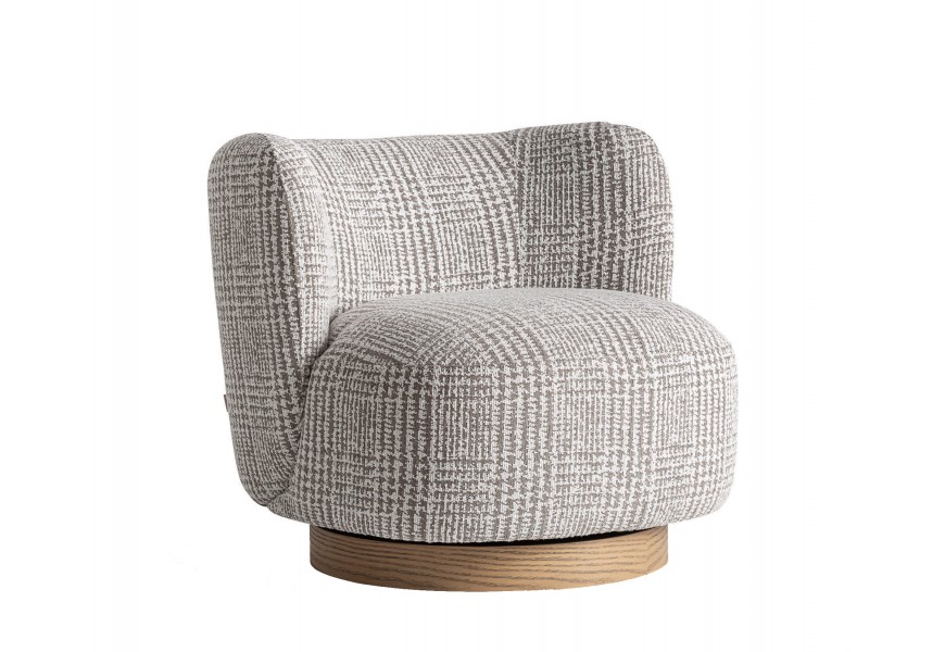 Luxusn&eacute; art deco okr&uacute;hle otočn&eacute; kreslo Elvara so vzorovan&yacute;m sivo bielym poťahom a okr&uacute;hlou drevenou hnedou podstavou 85 cm