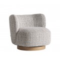 Luxusn&eacute; art deco okr&uacute;hle otočn&eacute; kreslo Elvara so vzorovan&yacute;m sivo bielym poťahom a okr&uacute;hlou drevenou hnedou podstavou 85 cm