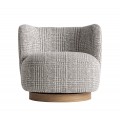 Luxusn&eacute; art deco okr&uacute;hle otočn&eacute; kreslo Elvara so vzorovan&yacute;m sivo bielym poťahom a okr&uacute;hlou drevenou hnedou podstavou 85 cm