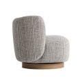 Luxusn&eacute; art deco okr&uacute;hle otočn&eacute; kreslo Elvara so vzorovan&yacute;m sivo bielym poťahom a okr&uacute;hlou drevenou hnedou podstavou 85 cm