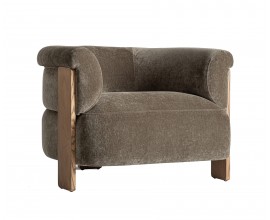 Luxusn&eacute; modern&eacute; čal&uacute;nen&eacute; kreslo Jeran so ženilkov&yacute;m poťahom v kaki zelenej farbe s dreven&yacute;mi ploch&yacute;mi nožičkami v hnedej farbe v polobl&uacute;kovom tvare