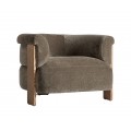 Luxusné moderné čalúnené kreslo Jeran so ženilkovým poťahom v kaki zelenej farbe s drevenými plochými nožičkami v hnedej farbe v poloblúkovom tvare
