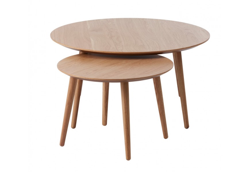 Moderný masívny set dvoch konferenčných stolíkov Karena v okrúhlom tvare v hnedej farbe s dubovou dyhou s vyosenými nožičkami