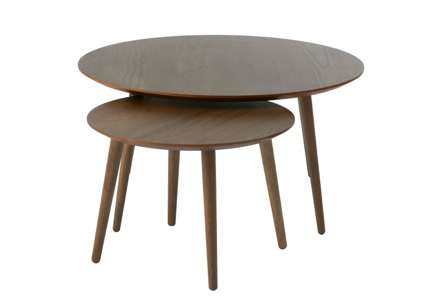 Moderná sada dvoch konferenčných stolíkov Karena v okrúhlom tvare v tmavej farbe s dubovou dyhou s vyosenými nožičkami v tmavej hnedej farbe