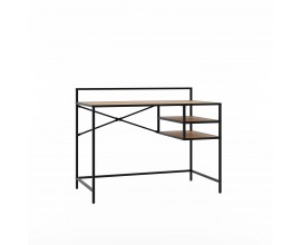 Industriálny obdĺžnikový čierny kovový písací stôl Helin s doskou s dubovým vzhľadom v hnedej farbe s dvomi policami 110 cm