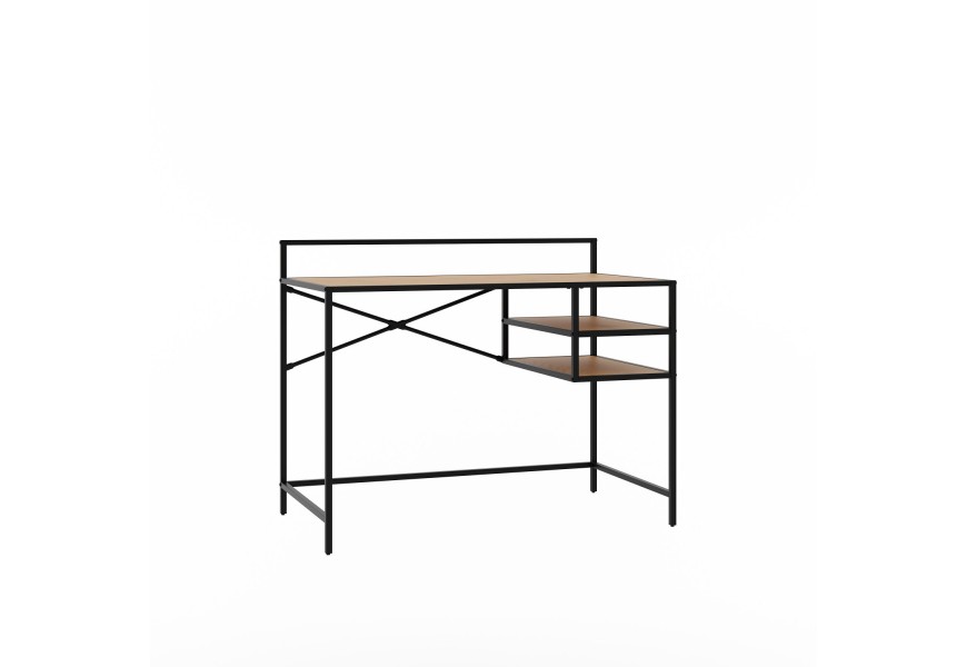 Moderný industriálny písací stôl Helin v obdĺžnikovom tvare s kovovou konštrukciou v čiernej farbe s doskou s dubovým vzhľadom v hnedej farbe s dvomi policami