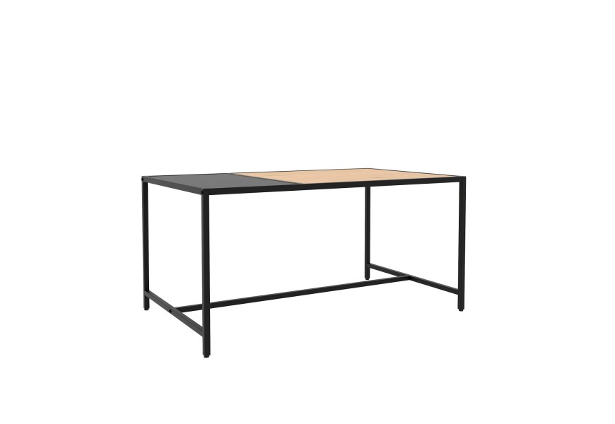 Industriálny konferenčný stolík Helin v obdĺžnikovom tvare s čiernou konštrukciou z kovu s doskou v čiernej a hnedej farbe z dreva s dubovým vzhľadom