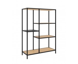 Modern&yacute; obdĺžnikov&yacute; reg&aacute;l Helin s čiernou kovovou kon&scaron;trukciou a &scaron;tyrmi hend&yacute;mi policami s dubov&yacute;m vzhľadom 112 cm