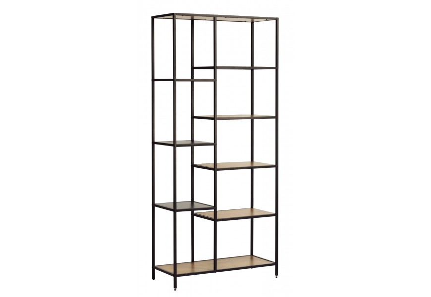 Moderný industriálny regál Helin v obdĺžnikovom tvare s ôsmimi hnedými policami s konštrukciou z kovu v čiernej farbe