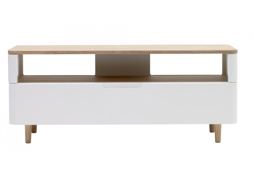 Modern&yacute; obdĺžnikov&yacute; TV stol&iacute;k Jinia so z&aacute;suvkou a policou s bielym a hned&yacute;m povrchom s obl&yacute;mi rohmi 120 cm