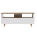 Modern&yacute; obdĺžnikov&yacute; TV stol&iacute;k Jinia so z&aacute;suvkou a policou s bielym a hned&yacute;m povrchom s obl&yacute;mi rohmi 120 cm
