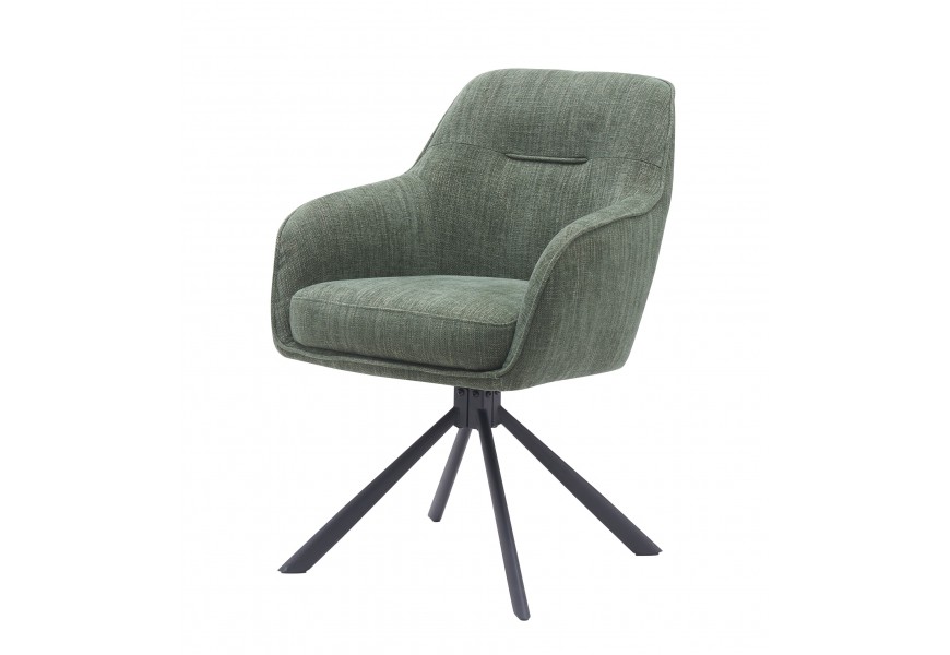 Škandinávske industriálne jedálenské kreslo Egon s opierkami na ruky so ženilkovým poťahom v šalviovej zelenej farbe s čiernou podstavou z kovu s otočnou funkciou