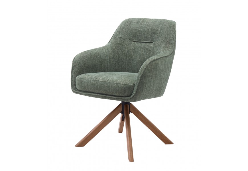 Dizajnové škandinávske zelené otočné jedálenské kreslo Egon s poťahom s jemným zamatovým leskom s bočnými opierkami na ruky a podstavou so štyrmi šikmými nohami v svetlom hnedom dubovom prevedení