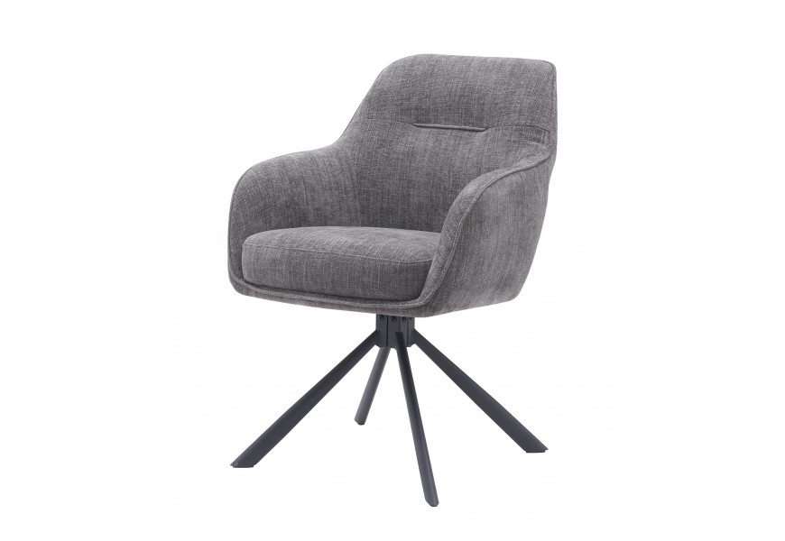 Moderné škandinávske otočné jedálenské kreslo Egon so sivým ženilkovým poťahom s jemným leskom a čiernou kovovou podstavou so štyrmi nohami s nehrdzavejúcej ocele