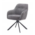 Moderné škandinávske otočné jedálenské kreslo Egon so sivým ženilkovým poťahom s jemným leskom a čiernou kovovou podstavou so štyrmi nohami s nehrdzavejúcej ocele