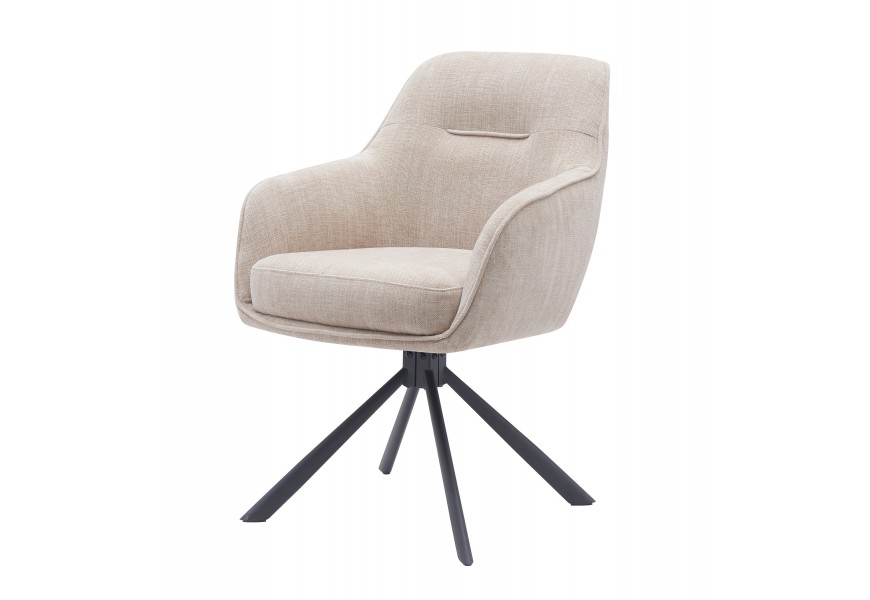 Škandinávske industriálne jedálenské kreslo Egon s otočnou sedacou časťou s čalúnením a poťahom v krémovej béžovej farbe s dizajnom ľanu s podstavou z kovu so štyrmi nohami v čiernej farbe