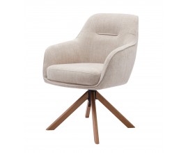 Dizajnov&aacute; modern&aacute; jed&aacute;lensk&aacute; stolička Egon s čal&uacute;nenou otočnou sedacou časťou s poťahom s ľanov&yacute;m dizajnom v svetlej b&eacute;žovej farbe so &scaron;tyrmi &scaron;ikm&yacute;mi nohami z mas&iacute;vneho dubov&eacute;ho dreva v pr&iacute;rodnej hnedej farbe
