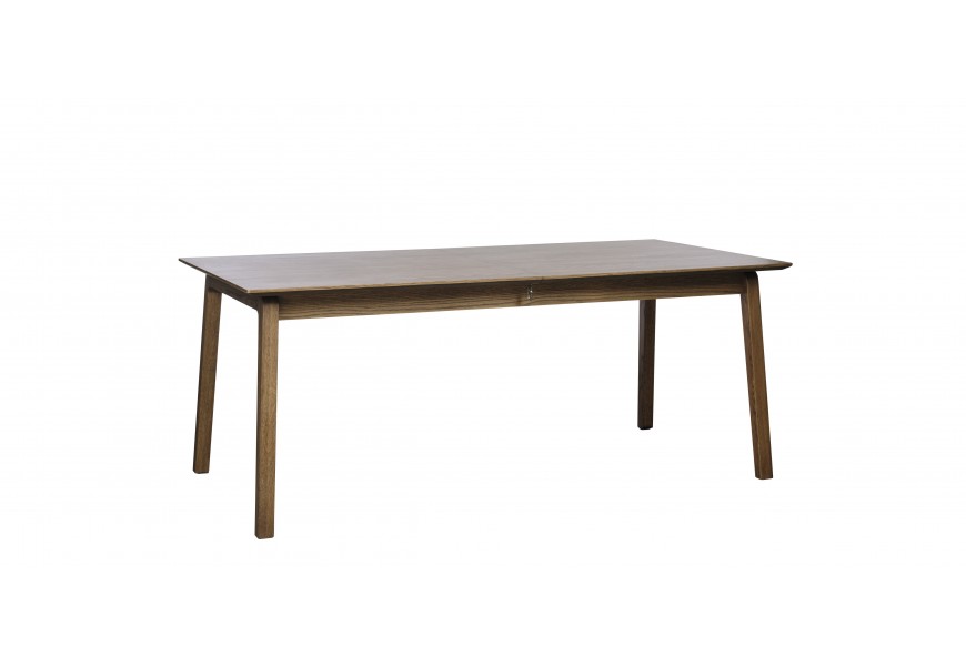 Moderný škandinávsky jedálenský stôl Arken s obdĺžnikovou rozkladacou vrchnou doskou a štyrmi hranatými nohami z dubovej dyhy s pravidelnou kresbou letokruhov v tmavom hnedom prevedení
