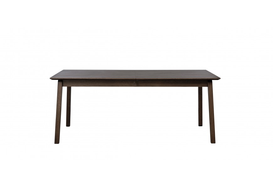 Dizajnový škandinávsky jedálenský stôl Arken s obdĺžnikovou rozkladacou vrchnou doskou a hranatými nohami s miernym zošikmením v tmavej čokoládovej hnedej farbe s priznanou kresbou letokruhov