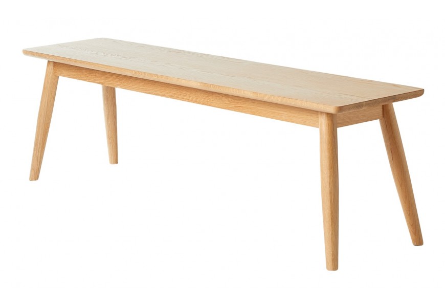 Dizajnová retro dvojmiestna lavica Aarhus s naturálnym dreveným vzhľadom v svetlej dubovej farbe s jemnou kresbou letokruhov so šikmými nohami a obdĺžnikovým sedadlom so zaoblenými rohmi