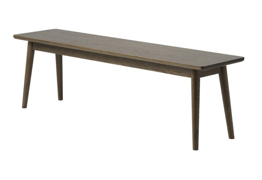 Moderná škandinávska lavica Aarhus v severskom štýle v tmavom hnedom dubovom prevedení s priznanou kresbou letokruhov a šikmými valcovými nohami