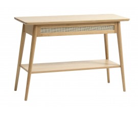 &Scaron;kandin&aacute;vsky konzolov&yacute; stol&iacute;k Aarhus vo svetlom dubovom hnedom preveden&iacute; s policou a z&aacute;suvkou s ratanov&yacute;m v&yacute;pletom 110 cm
