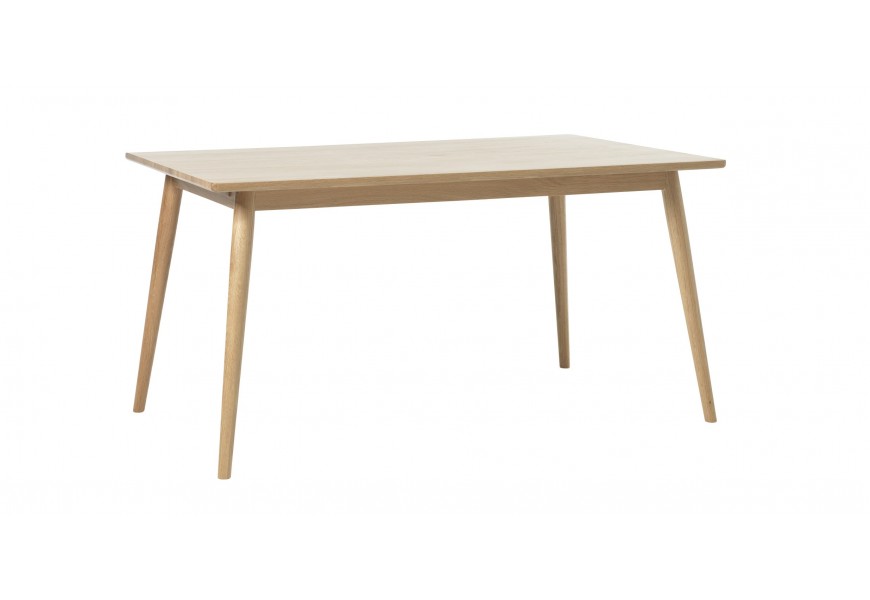 Škandinávsky retro jedálenský stôl Aarhus z dubového dreva v svetlej hnedej farbe s obdĺžnikovou rozkladacou vrchnou doskou s dvomi predĺženiami na stranách a šikmými valcovitými nohami