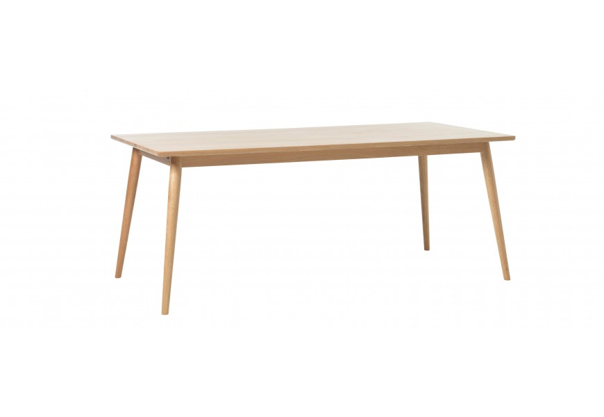 Retro obdĺžnikový rozkladací jedálenský stôl Aarhus z dubového dreva v svetlej hnedej prírodnej farbe so šikmými valcovitými nohami